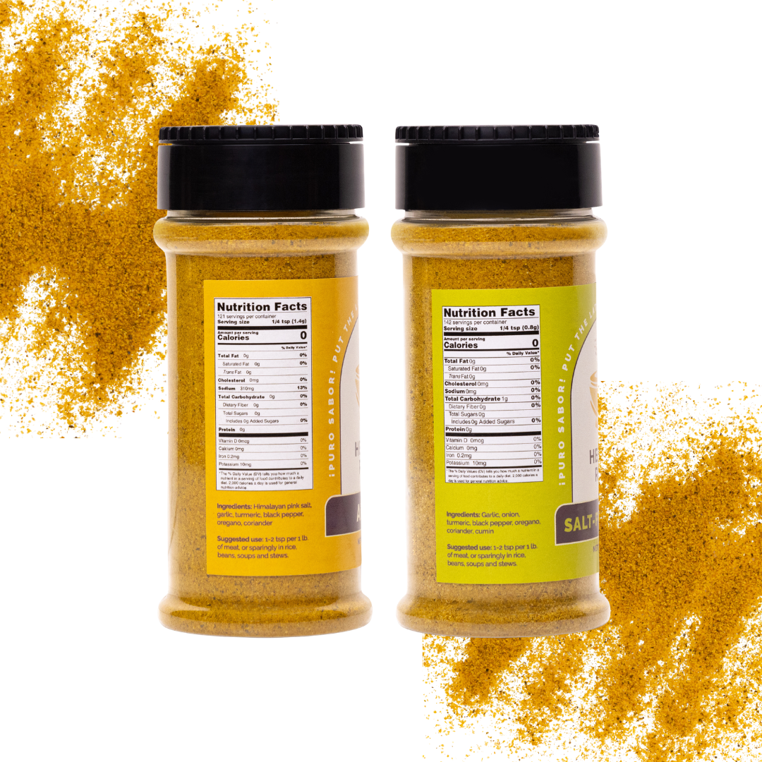 Healthy Rican Adobo and Salt-Free Adobo seasoning bottles showing nutrition facts and all-natural Latin spice blends for Puerto Rican cooking.