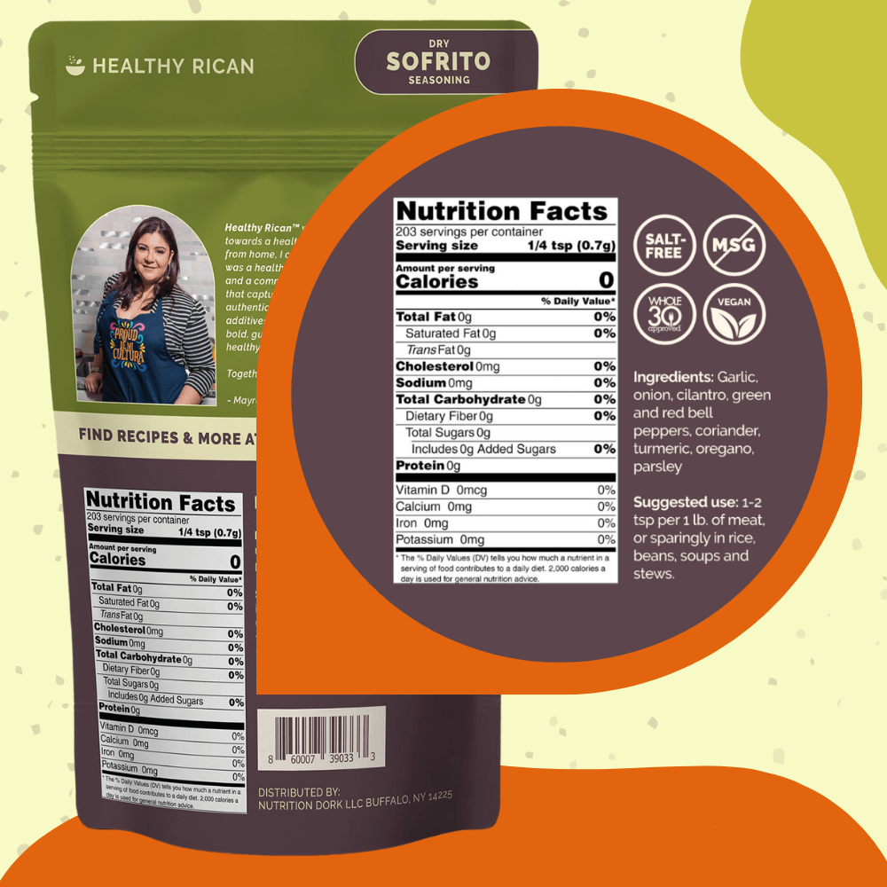 Healthy Rican Dry Sofrito nutrition panel showing ingredients, 0 calories, salt-free, vegan, and Whole30 approved.