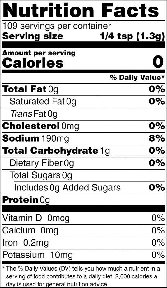 Nutrition Facts label for Healthy Rican Savory Chicken Mix with 0 calories and 190mg sodium per 1/4 tsp serving.