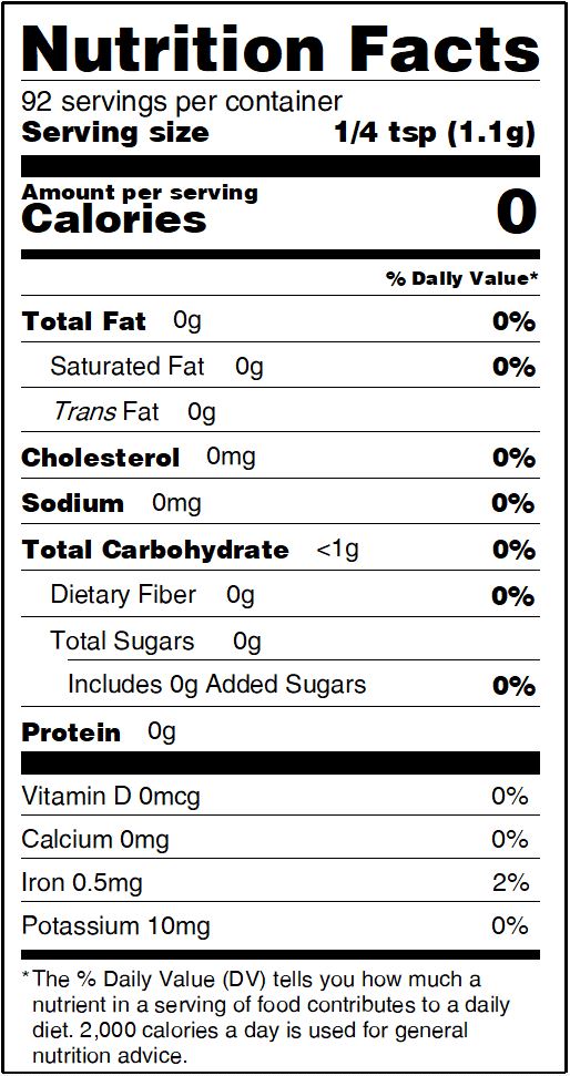 Nutrition Facts label for Healthy Rican Sazón seasoning with 0 calories and 0mg sodium per 1/4 tsp serving.