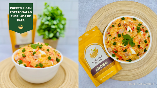 Puerto Rican potato salad with peppers, egg, and scallions, served with Healthy Rican Adobo seasoning pouch.