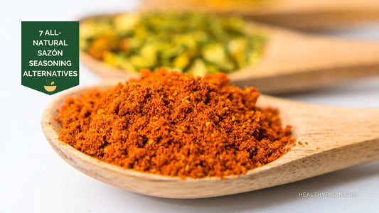 All-natural Sazón seasoning alternatives featuring a vibrant red spice blend in a wooden spoon for Puerto Rican and Latin cooking.