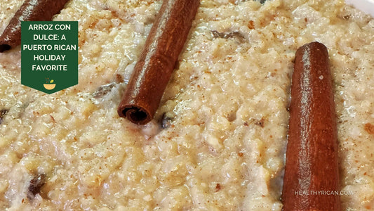Arroz con Dulce, a traditional Puerto Rican holiday rice pudding made with warm spices and topped with cinnamon sticks.