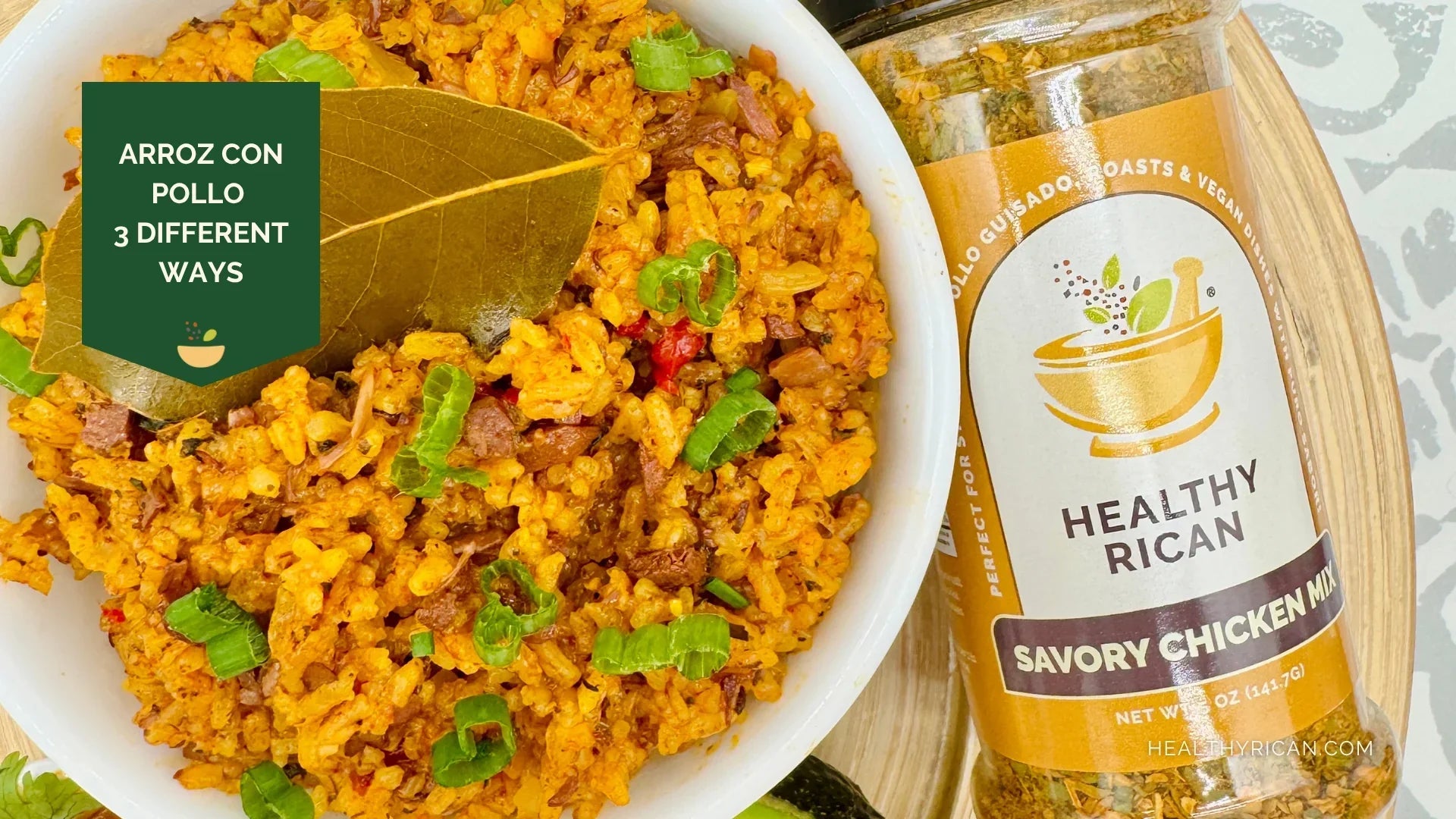 Arroz con Pollo made with seasoned rice, tender chicken, peppers, and herbs alongside Healthy Rican Savory Chicken Mix.