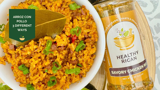 Arroz con Pollo made with seasoned rice, tender chicken, peppers, and herbs alongside Healthy Rican Savory Chicken Mix.