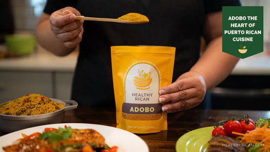 Healthy Rican Adobo seasoning pouch beside Puerto Rican dishes as a cook holds a spoonful of all-purpose spice blend.