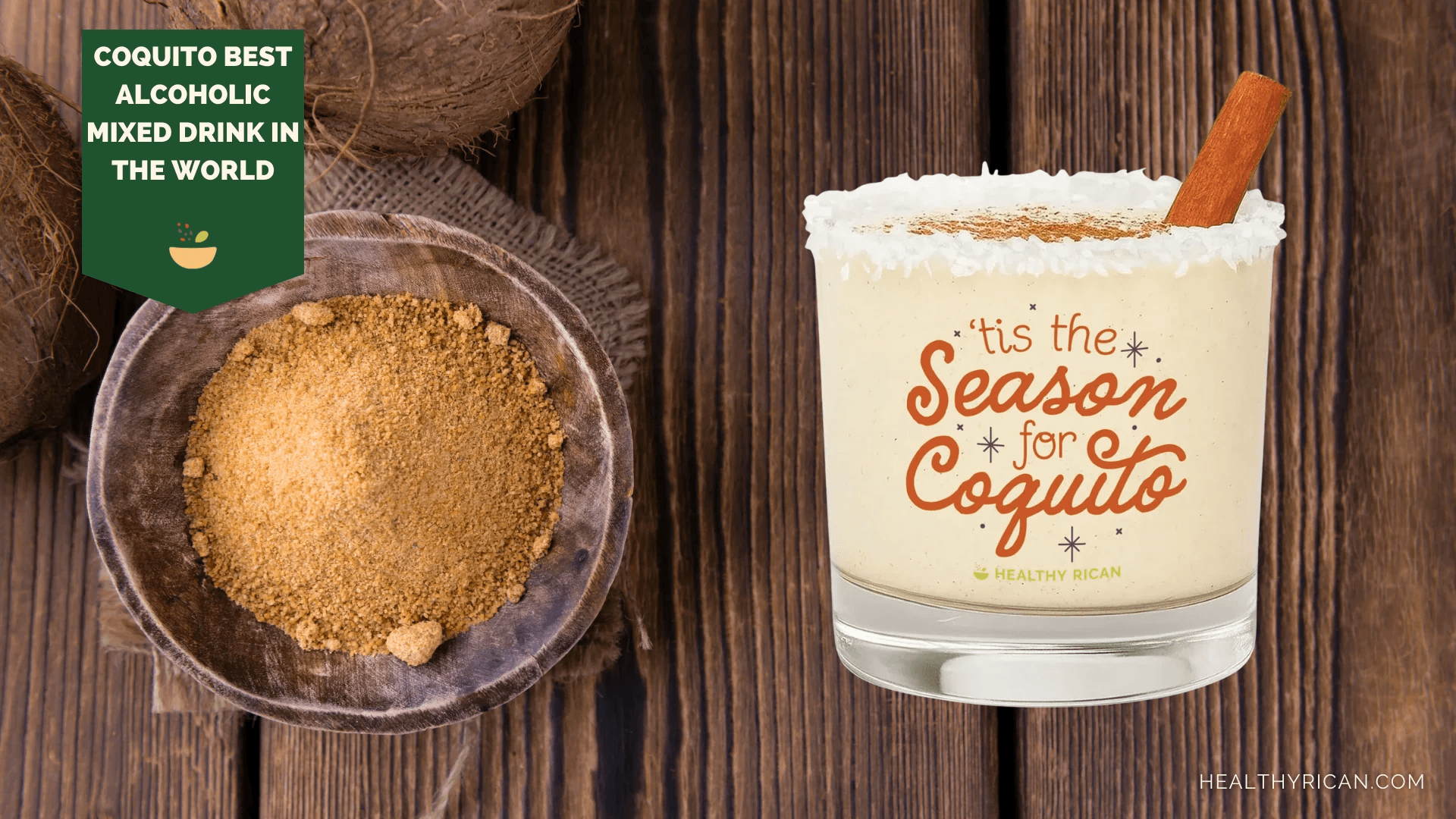 Coquito cocktail with cinnamon stick and sugar rim beside a bowl of brown sugar on a rustic wooden table.