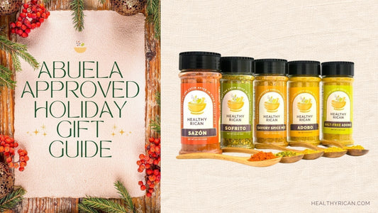 Healthy Rican holiday gift guide featuring Sazón, Sofrito, Savory Spice Mix, Adobo, and Salt-Free Adobo seasonings.