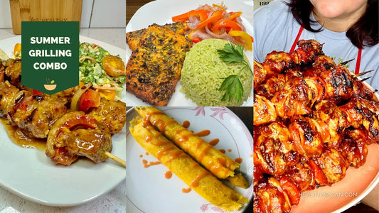 Latin summer grilling spread with seasoned chicken skewers, grilled chicken, green rice, vegetables, and plantain sides for a flavorful outdoor meal.