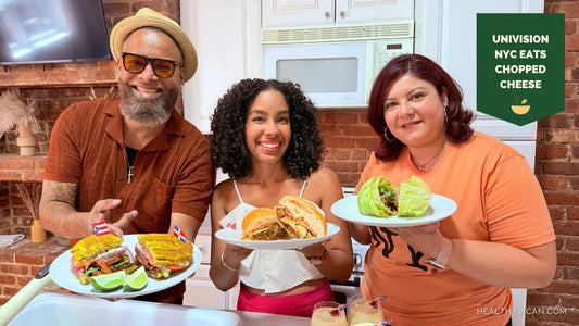 Latina founder in Manhattan with guests holding Puerto Rican and Dominican-inspired chopped cheese dishes during a Univision NYC Eats food feature.