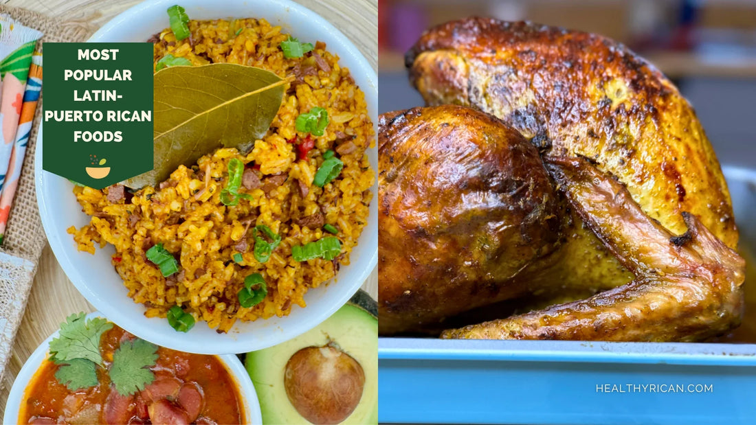 Popular Puerto Rican foods featuring seasoned rice, stewed beans, avocado, and roasted chicken in a traditional Latin Puerto Rican meal.
