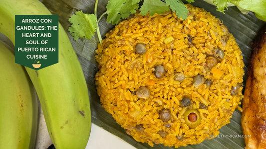 Arroz con Gandules, a traditional Puerto Rican rice dish with pigeon peas, olives, and seasonings, served with green plantains and roasted meat.