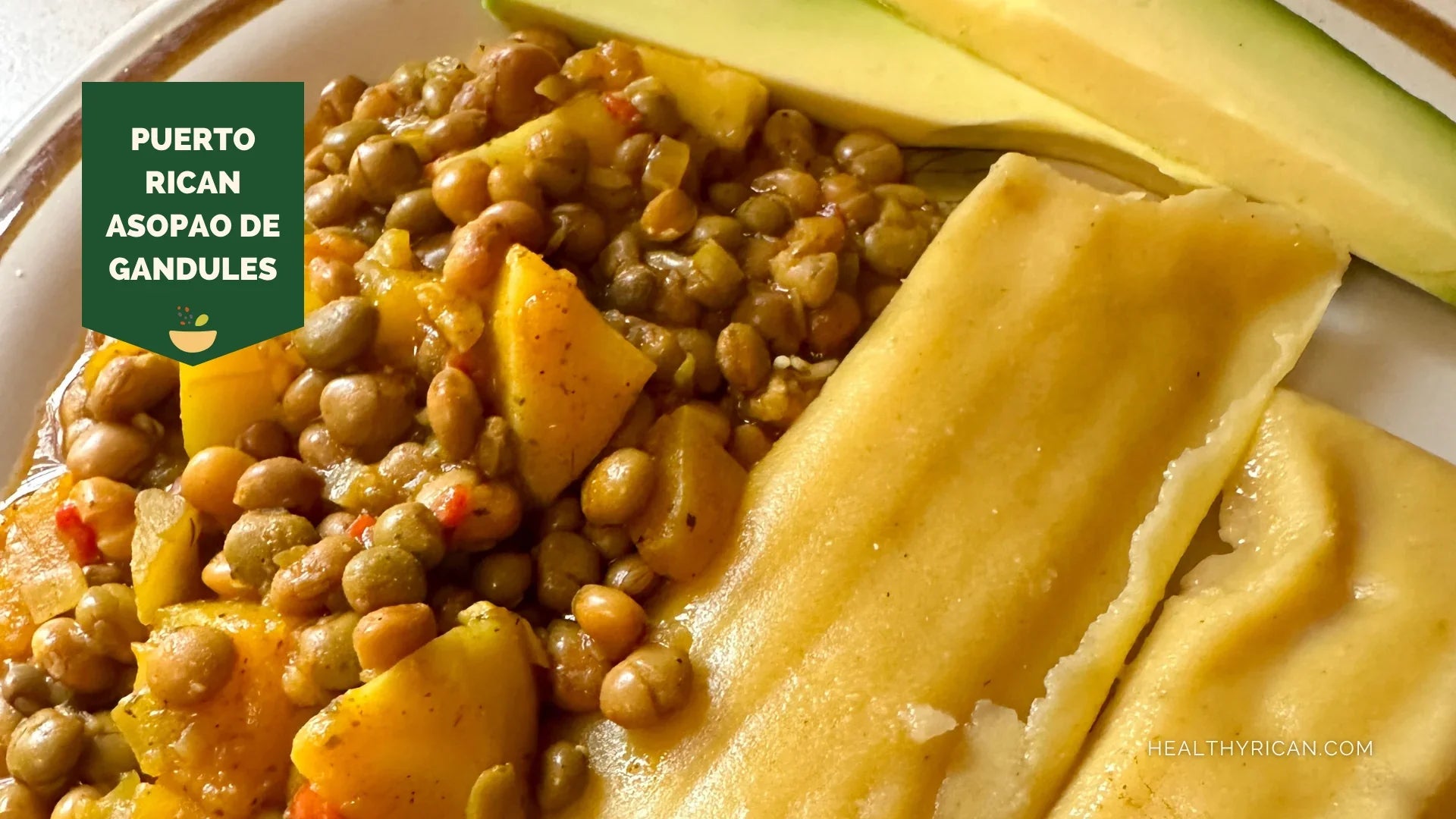 Puerto Rican cooking featuring Asopao de Gandules with pigeon peas, potatoes, pasteles, and sliced avocado.