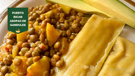Puerto Rican cooking featuring Asopao de Gandules with pigeon peas, potatoes, pasteles, and sliced avocado.