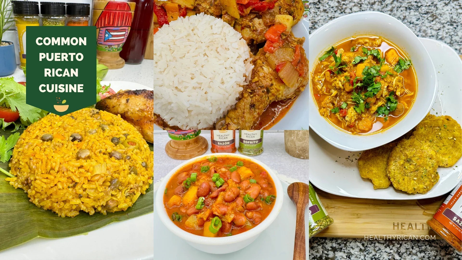 Puerto Rican cuisine featuring arroz con gandules, pollo guisado with rice, stewed beans, soup, and fried plantains in a traditional island-inspired food spread.