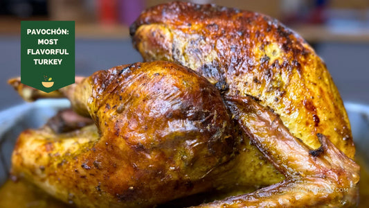 Pavochón featuring a whole roasted turkey with crisp golden skin seasoned in the style of traditional Puerto Rican pernil.