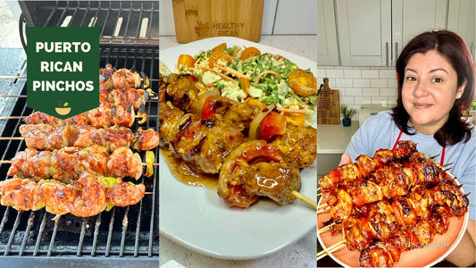Puerto Rican Pinchos de Pollo featuring marinated chicken and vegetable skewers grilled with a savory glaze and served with fresh salad.