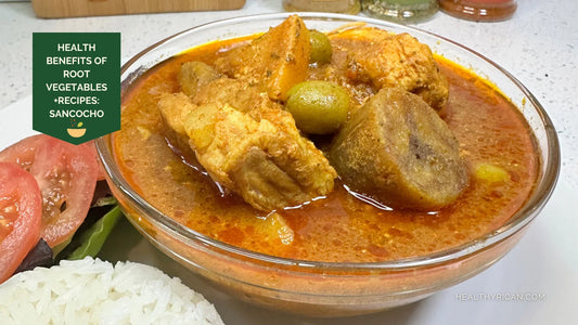 Sancocho made with chicken, plantains, root vegetables, and olives in a rich Puerto Rican-style broth, served with white rice and salad.