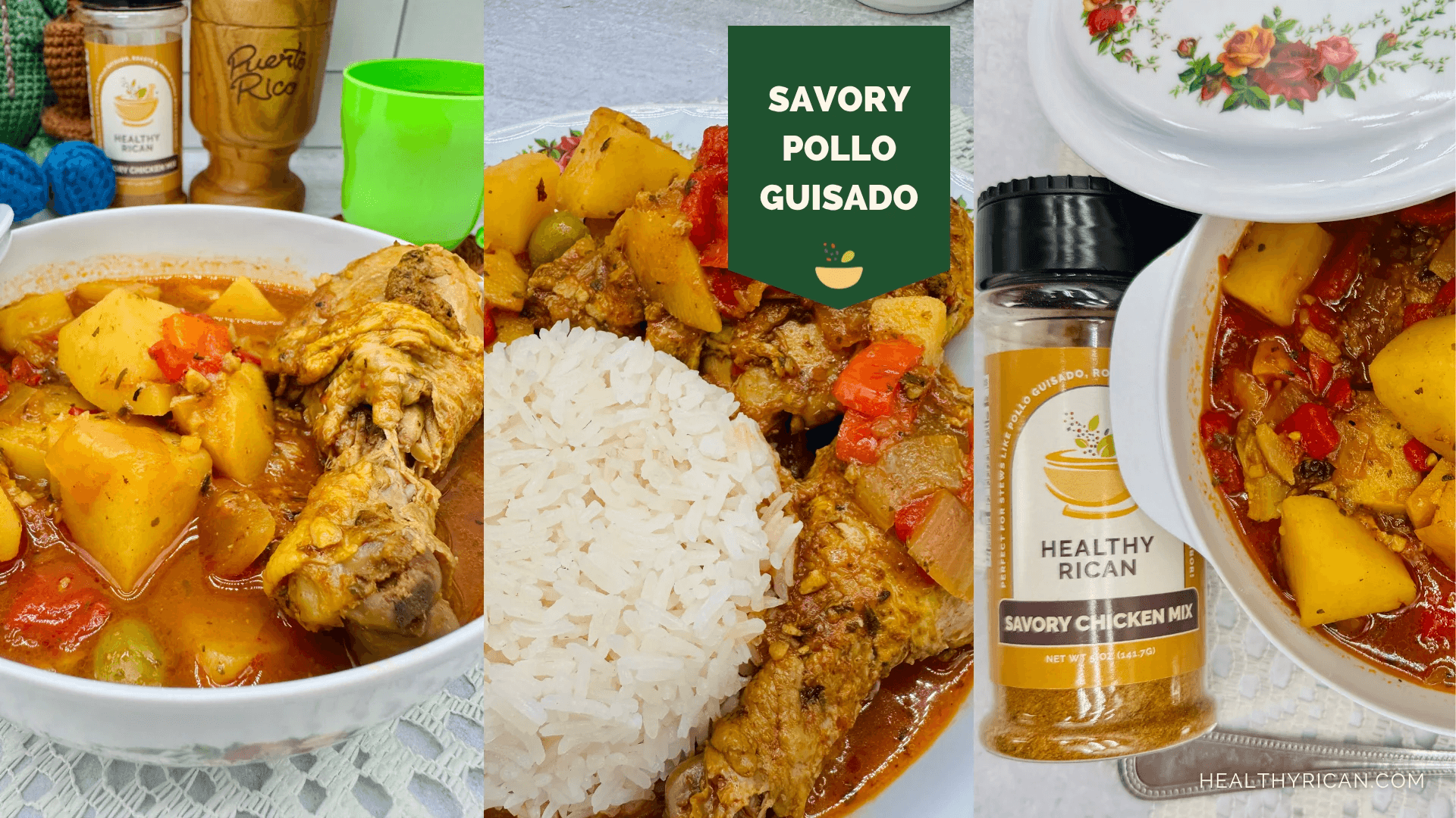 Puerto Rican pollo guisado with rice and potatoes beside Healthy Rican Savory Chicken Mix seasoning jar