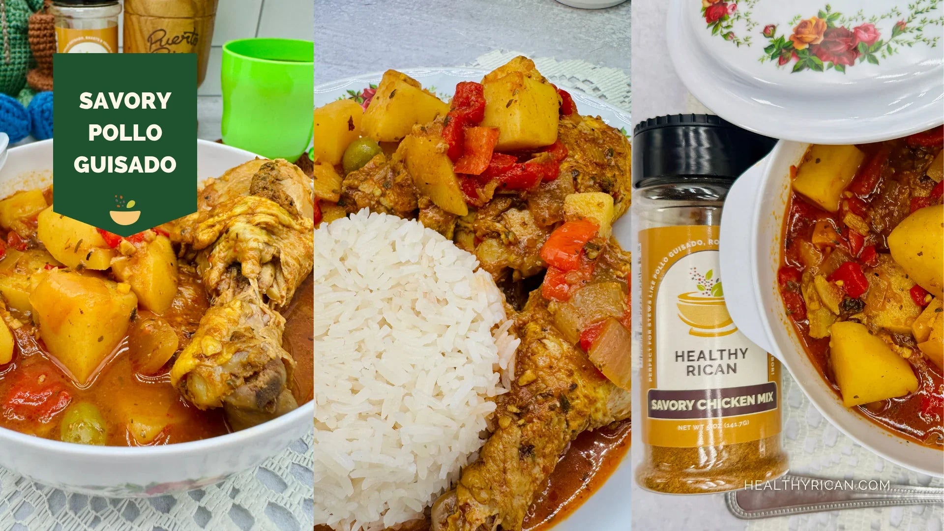 Savory Pollo Guisado with tender chicken, potatoes, peppers, and olives in a rich Puerto Rican-style sauce, served with white rice and Healthy Rican seasoning.