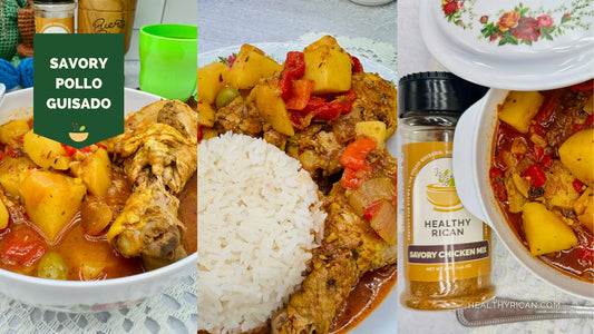 Savory Pollo Guisado with tender chicken, potatoes, peppers, and olives in a rich Puerto Rican-style sauce, served with white rice and Healthy Rican seasoning.