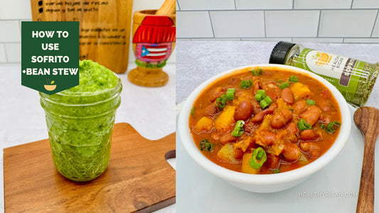 Ways to use Sofrito shown with fresh green Sofrito and Puerto Rican Habichuelas Guisadas made with beans, potatoes, seasonings, and green onions.