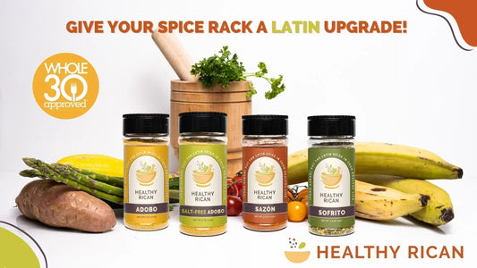 Whole30 Approved seasonings from Healthy Rican, including Adobo, Salt-Free Adobo, Sazón, and Sofrito with plantains, sweet potatoes, asparagus, and tomatoes.
