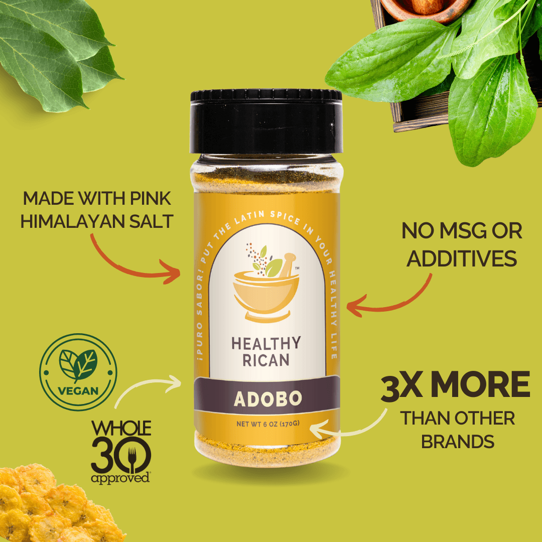 Healthy Rican Adobo seasoning bottle made with pink Himalayan salt, vegan, no MSG or additives, and Whole30 approved.