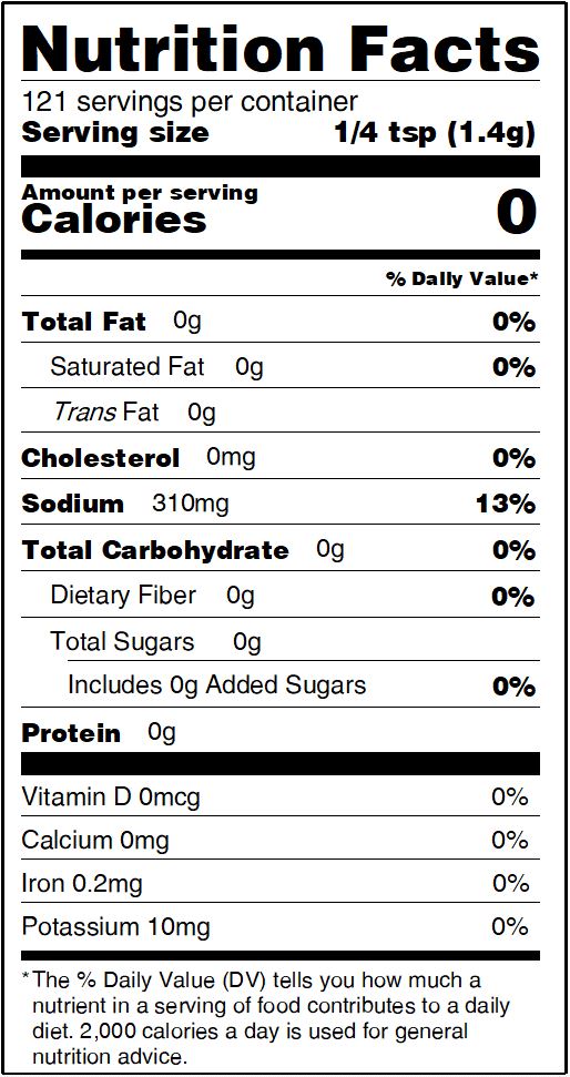 Nutrition Facts label for Healthy Rican Adobo seasoning with 0 calories and 310mg sodium per 1/4 tsp serving.
