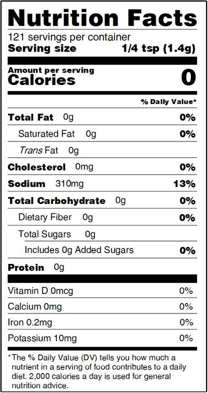 Nutrition Facts label for Healthy Rican Adobo seasoning with 0 calories and 310mg sodium per 1/4 tsp serving.