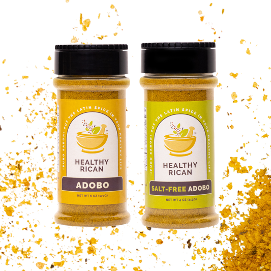Healthy Rican Adobo and Salt-Free Adobo seasoning bottles with all-natural Latin spice blends for Puerto Rican cooking.