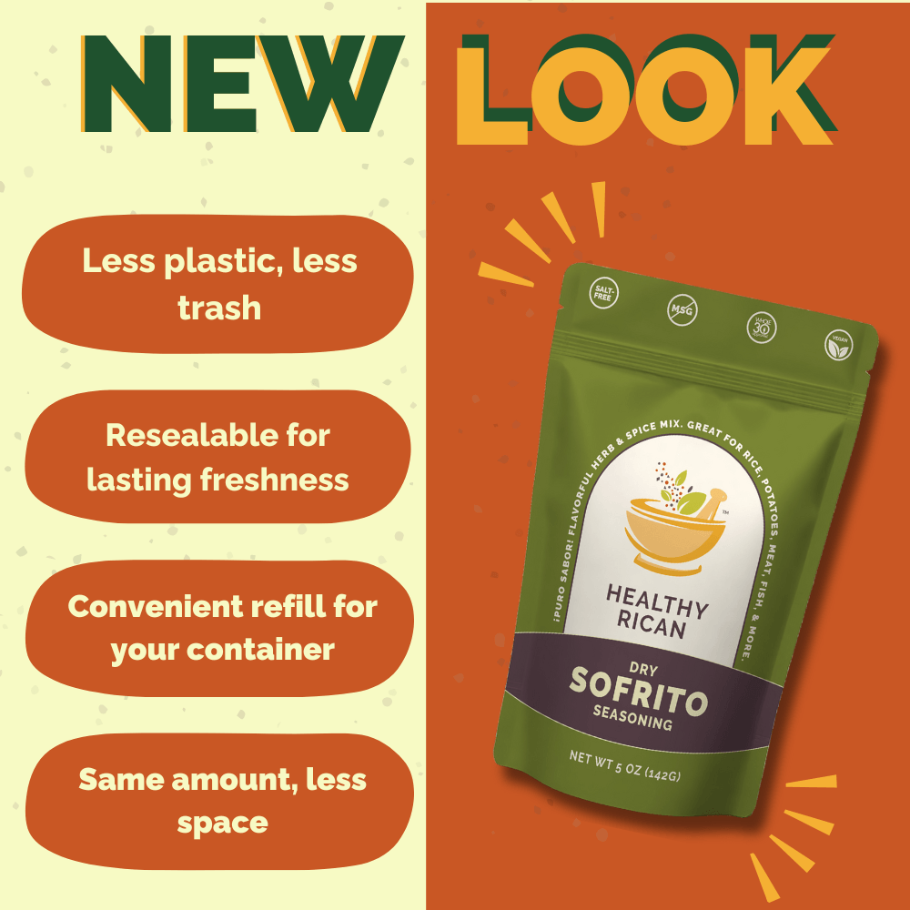 Healthy Rican Dry Sofrito refill pouch with resealable, low-waste packaging and space-saving storage benefits.