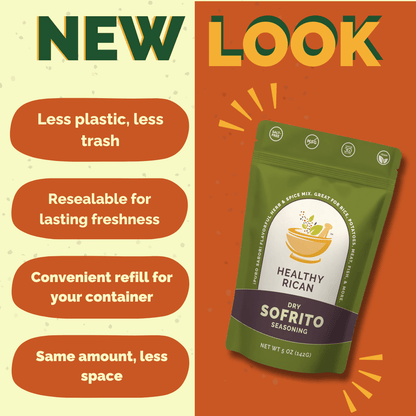 Healthy Rican Dry Sofrito refill pouch with resealable, low-waste packaging and space-saving storage benefits.