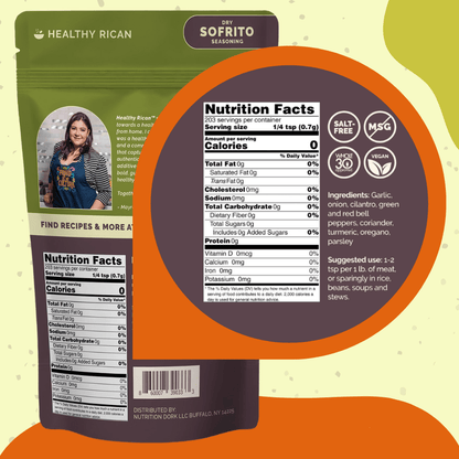 Healthy Rican Dry Sofrito nutrition panel showing ingredients, 0 calories, salt-free, vegan, and Whole30 approved.