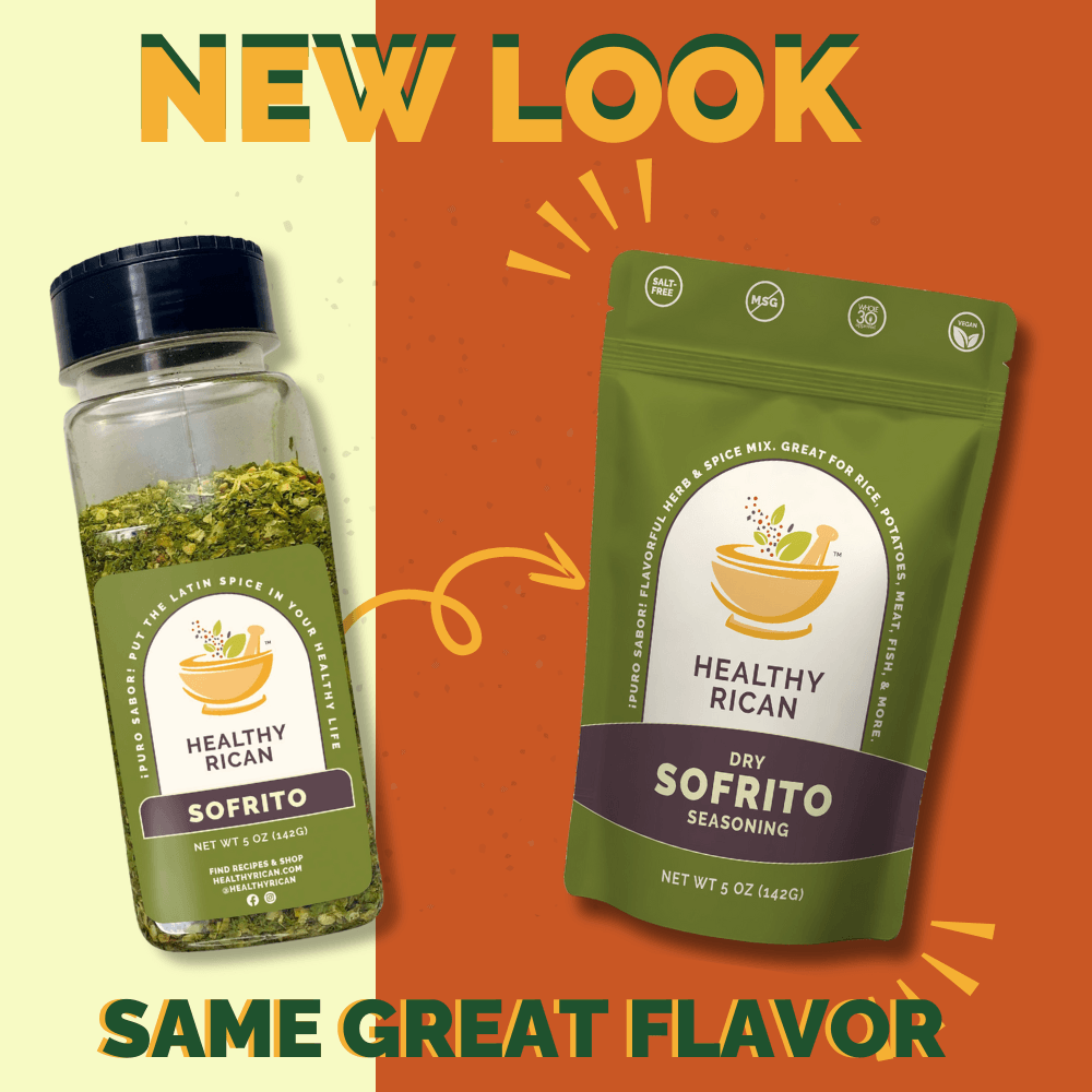 Healthy Rican Dry Sofrito old bottle and new pouch packaging with the same great flavor.