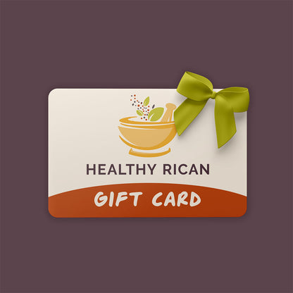 Healthy Rican gift card with green bow, a convenient gift for anyone who enjoys Puerto Rican seasonings, recipes, and cooking products.