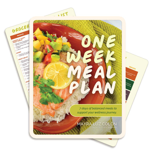 Healthy Rican One Week Meal Plan eBook featuring seven days of balanced whole-food meals, a grocery list, and simple meal planning guidance.