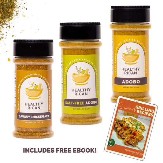 Healthy Rican Perfect Grilling Combo featuring Savory Chicken Mix, Salt-Free Adobo, and Adobo seasonings with a free summer grilling recipes eBook.