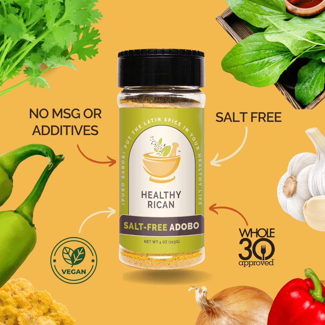 Healthy Rican Salt-Free Adobo seasoning bottle, vegan and Whole30 approved, with no MSG or additives.