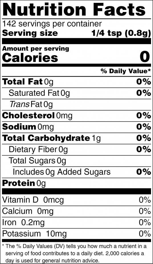 Nutrition Facts label for Healthy Rican Salt-Free Adobo seasoning with 0 calories and 0mg sodium per 1/4 tsp serving.