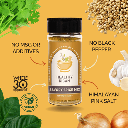 Healthy Rican Savory Spice Mix seasoning bottle with Himalayan pink salt, no black pepper, no MSG, and Whole30 approved.