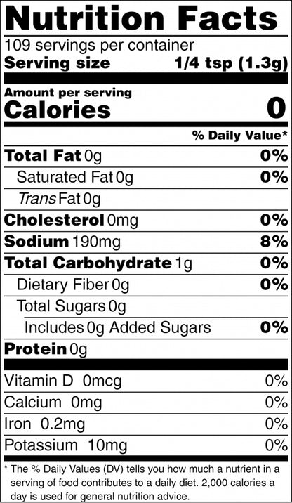 Nutrition Facts label for Healthy Rican Savory Chicken Mix with 0 calories and 190mg sodium per 1/4 tsp serving.
