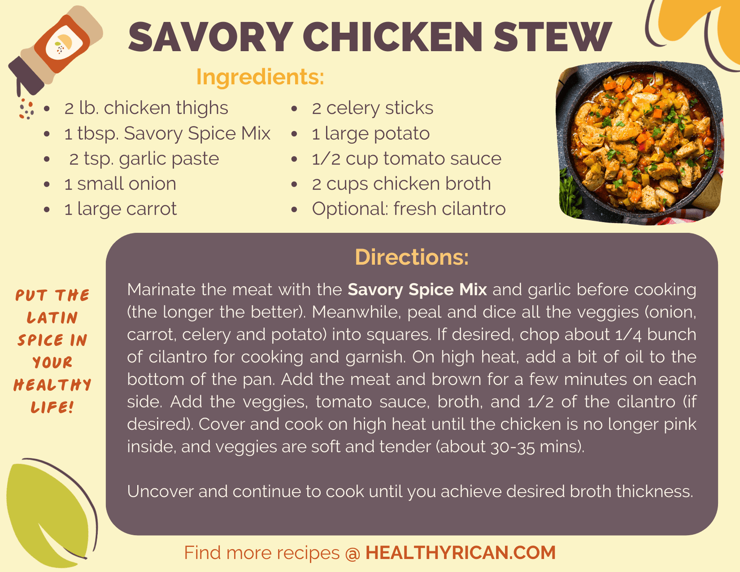 Savory chicken stew recipe card with ingredients and directions for chicken, vegetables, broth, and Healthy Rican spice mix.