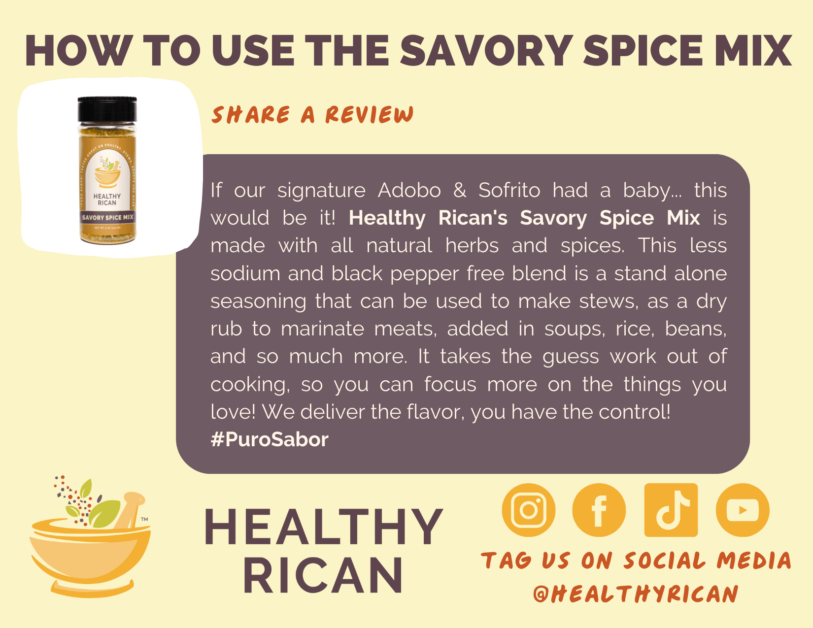 Savory Spice Mix usage graphic describing Healthy Rican’s low-sodium, black pepper-free seasoning and social media handles.