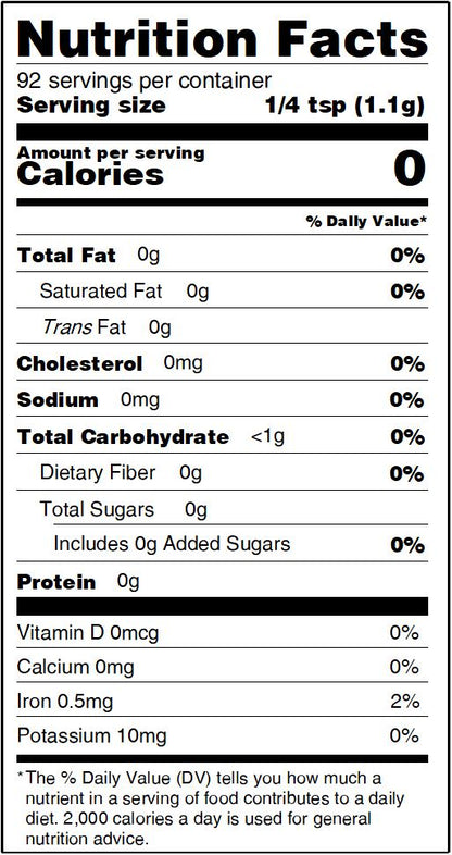 Nutrition Facts label for Healthy Rican Sazón seasoning with 0 calories and 0mg sodium per 1/4 tsp serving.