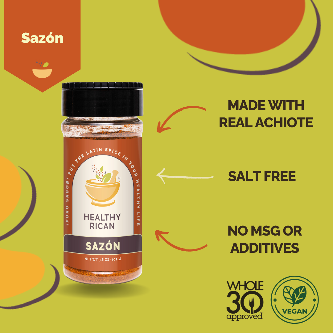 Healthy Rican Sazón seasoning bottle made with real achiote, salt-free, vegan, and free of MSG or additives.