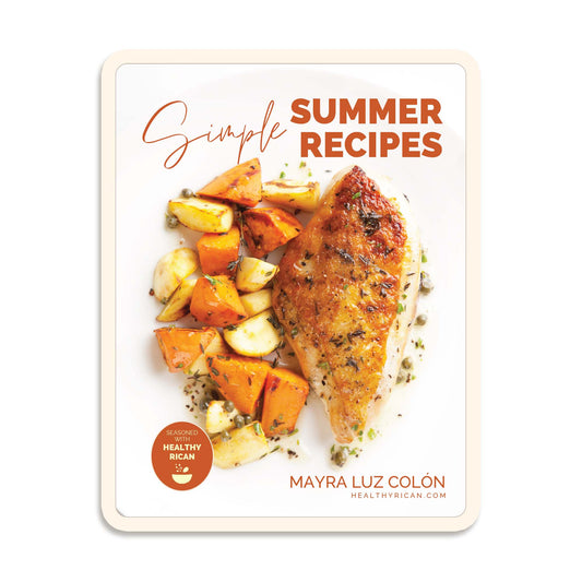 Healthy Rican Simple Summer Recipes eBook featuring seasoned chicken with roasted vegetables for easy, flavorful summer meals.