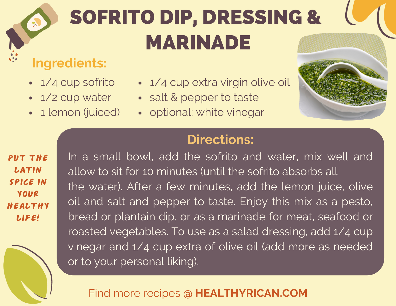Sofrito dip, dressing, and marinade recipe card with ingredients and directions for a Puerto Rican herb sauce.