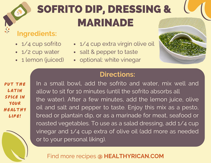 Sofrito dip, dressing, and marinade recipe card with ingredients and directions for a Puerto Rican herb sauce.