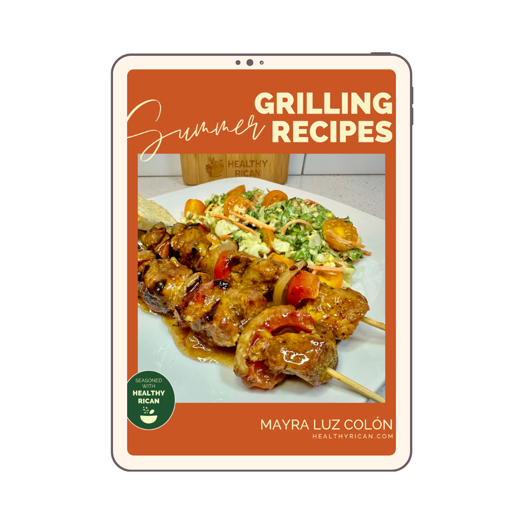 Healthy Rican Summer Grilling Recipes eBook featuring glazed chicken and vegetable skewers with a fresh salad for flavorful outdoor cooking.